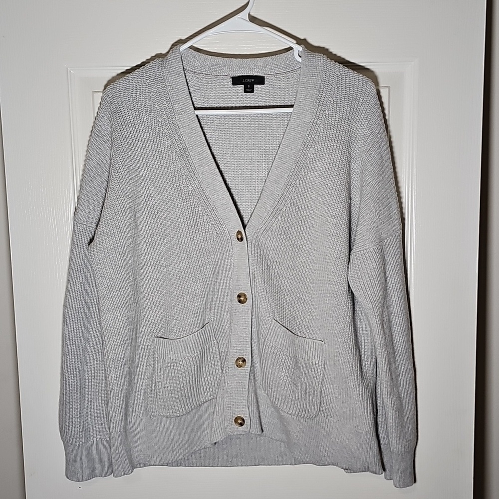 J. Crew Cotton Cashmere Blend Oversized Button Up Cardigan Gray Pockets Size S